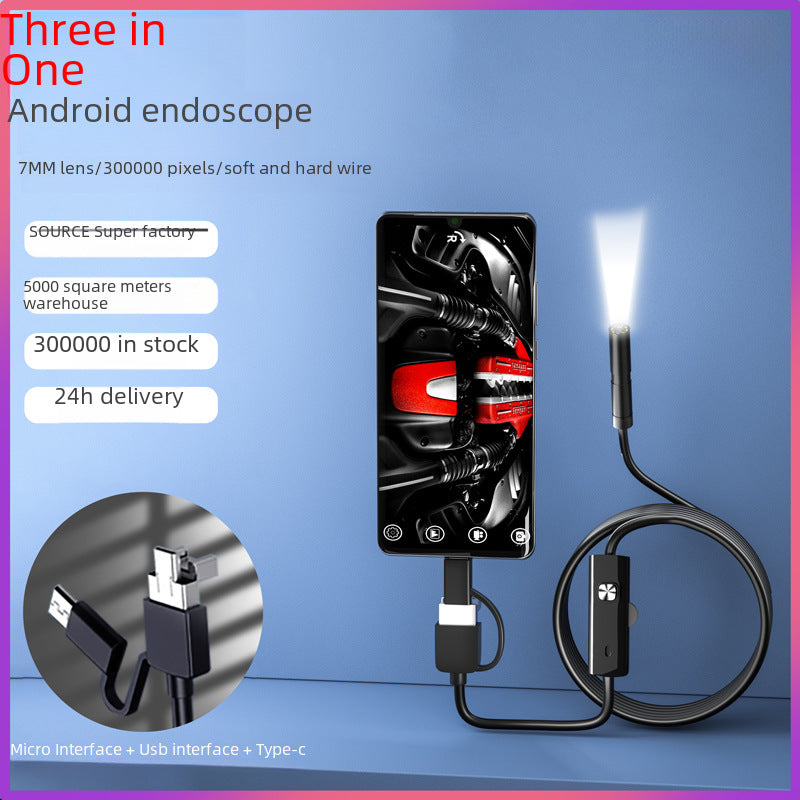 Three-in-one High-definition Pipe Inspection Camera 7mm Mobile Phone External Probe Car Repair Detector Spy Mirror