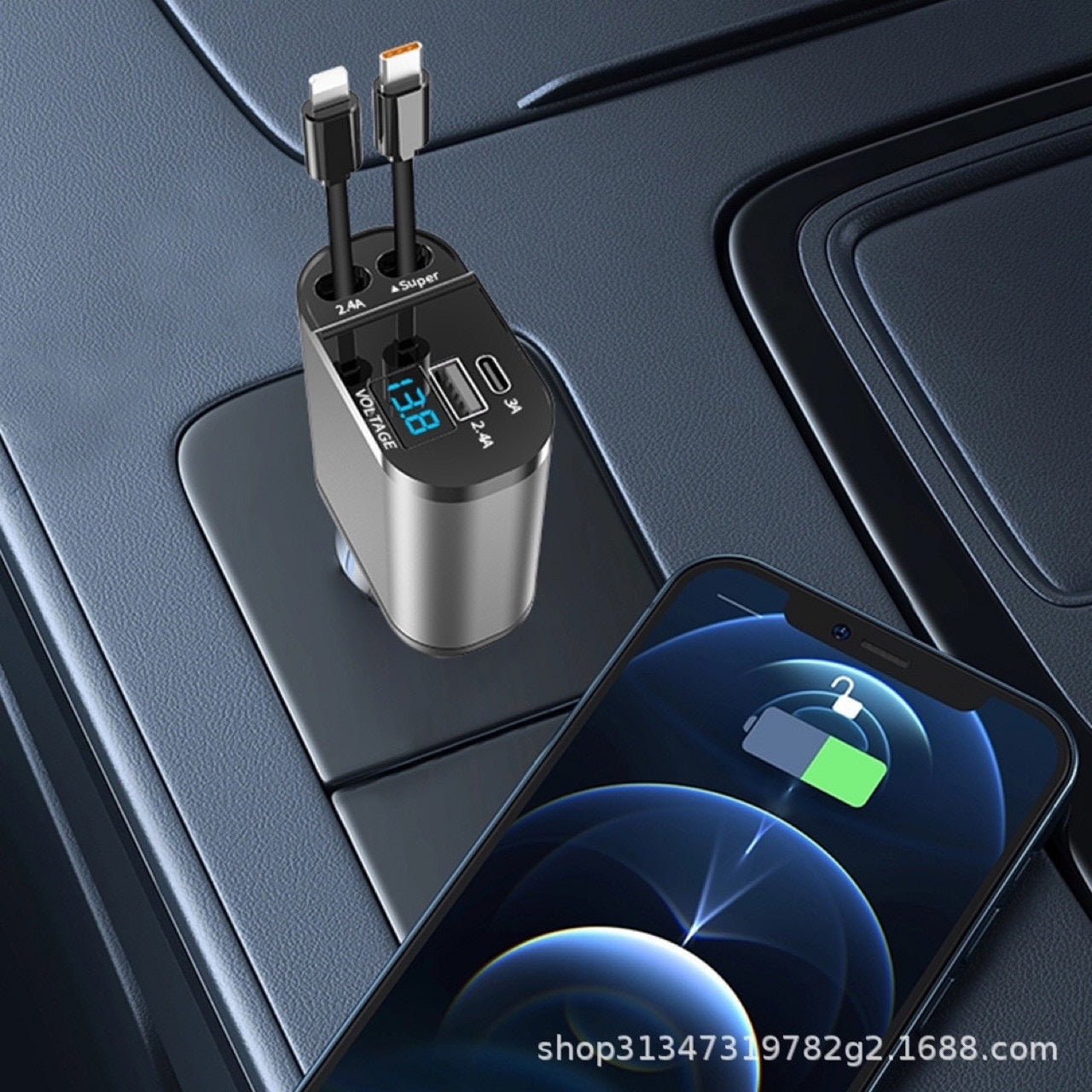Car Charger Supports 120W Flash Charging Retractable Cable Four-in-one Cigarette Lighter