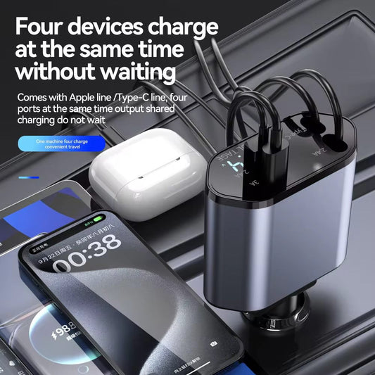 Car Charger Supports 120W Flash Charging Retractable Cable Four-in-one Cigarette Lighter