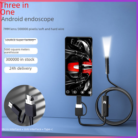 Three-in-one High-definition Pipe Inspection Camera 7mm Mobile Phone External Probe Car Repair Detector Spy Mirror